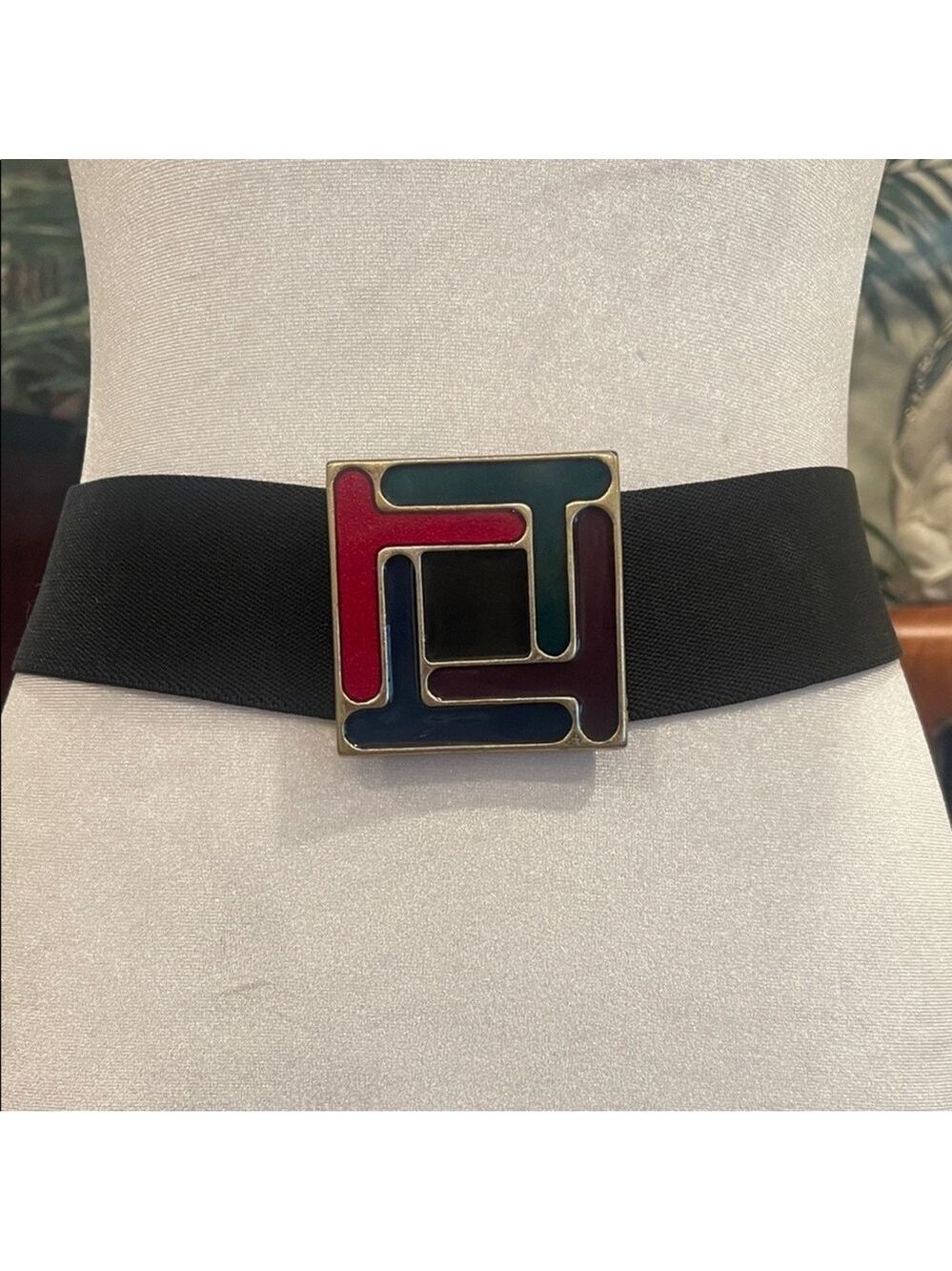 Vintage Italian Geometric Enamel Stretch Waist Belt 26–30” Mod Statement